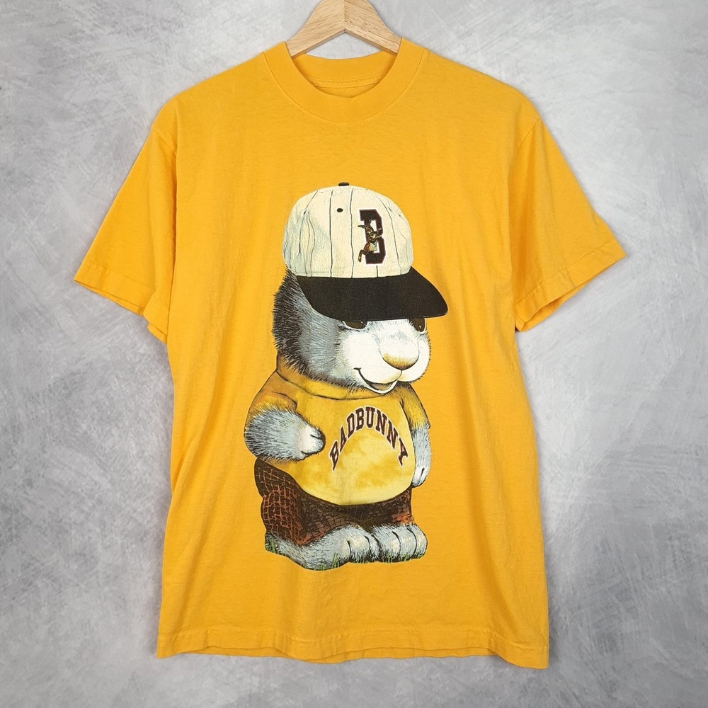 Bad Bunny Shirt Mens Small Yellow Baseball Bunny Graphic Tee USA 2020 Music